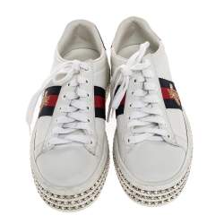 Pre Owned Gucci White Canvas And Leather  Ace Crystal Embellished Sneakers Size 36