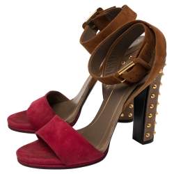 Pre Owned Gucci Tricolor Suede Madison Studded Block Heel Sandals Size 39.5