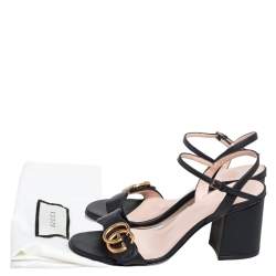 Pre Owned Gucci Black Leather GG Marmont Block Heel Ankle Strap Sandals Size 35.5