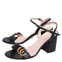 Pre Owned Gucci Black Leather GG Marmont Block Heel Ankle Strap Sandals Size 35.5