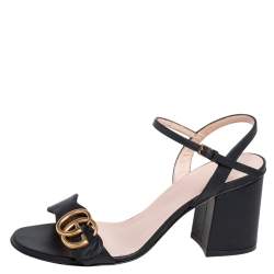 Pre Owned Gucci Black Leather GG Marmont Block Heel Ankle Strap Sandals Size 35.5