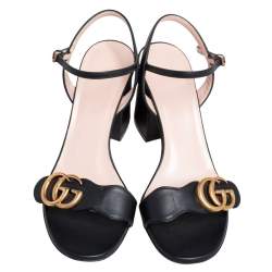Pre Owned Gucci Black Leather GG Marmont Block Heel Ankle Strap Sandals Size 35.5