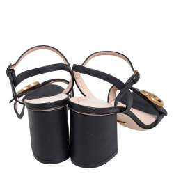 Pre Owned Gucci Black Leather GG Marmont Block Heel Ankle Strap Sandals Size 35.5