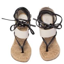 Gucci White/Black Leather Floral Applique Thong Ankle Wrap Sandals Size 37