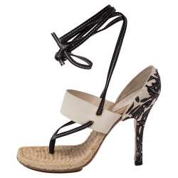Gucci White/Black Leather Floral Applique Thong Ankle Wrap Sandals Size 37
