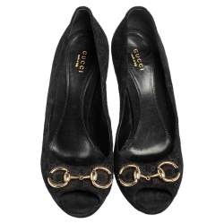 Pre Owned حذاء كعب عالي غوتشي هورسبيت سويدي ميكرو غوتشيسيما أسود بمقدمة مفتوحة مقاس 38