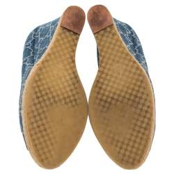 حذاء كعب عالي غوتشي شارلوت دنيم جي جي أزرق مزين هورسبيت مقدمة مفتوحة كعب روكي مقاس 40 