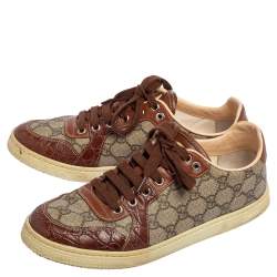 مملوكة مسبقًا حذاء رياضي غوتشي بروكلين حافة جلد تمساح وجلد وكانفاس سوبريم جي جي بيج/ بني مقاس 39