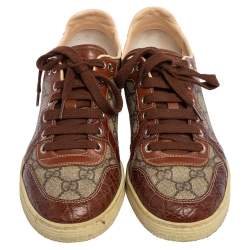 مملوكة مسبقًا حذاء رياضي غوتشي بروكلين حافة جلد تمساح وجلد وكانفاس سوبريم جي جي بيج/ بني مقاس 39