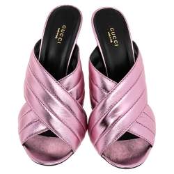 Pre Owned Gucci Metallic Pink Leather Sylvia Crossover Mule Sandals Size 42