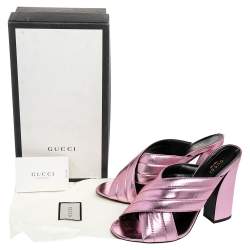 Pre Owned Gucci Metallic Pink Leather Sylvia Crossover Mule Sandals Size 42