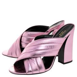 Pre Owned Gucci Metallic Pink Leather Sylvia Crossover Mule Sandals Size 42