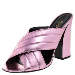 Pre Owned Gucci Metallic Pink Leather Sylvia Crossover Mule Sandals Size 42