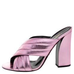 Pre Owned Gucci Metallic Pink Leather Sylvia Crossover Mule Sandals Size 42