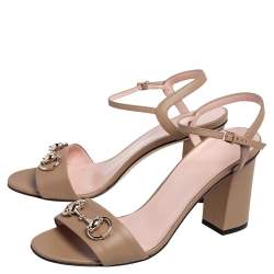 Pre Owned Gucci Beige Leather Horsebit Block Heel Sandals Size 38