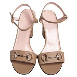 Pre Owned Gucci Beige Leather Horsebit Block Heel Sandals Size 38