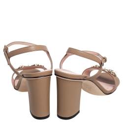 Pre Owned Gucci Beige Leather Horsebit Block Heel Sandals Size 38