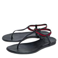 مملوكة مسبقًا Gucci Black Leather Web Areia Thong Sandals Size 36