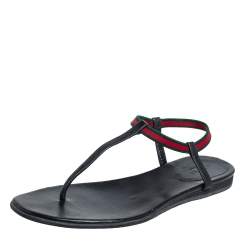 مملوكة مسبقًا Gucci Black Leather Web Areia Thong Sandals Size 36