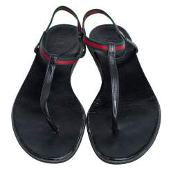 مملوكة مسبقًا Gucci Black Leather Web Areia Thong Sandals Size 36