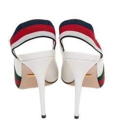 مملوكة مسبقًا صندل غوتشي فتحة كعب سيلفي تفاصييل ويب مطرز نحل جلد أبيض مقاس 39