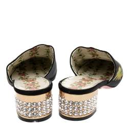 Pre Owned Gucci Black Embroidered Satin Crystal Embellished Heel Mules Size 37