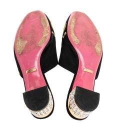 Pre Owned Gucci Black Embroidered Satin Crystal Embellished Heel Mules Size 37