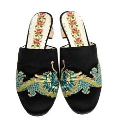 Pre Owned Gucci Black Embroidered Satin Crystal Embellished Heel Mules Size 37