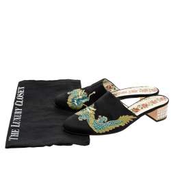 Pre Owned Gucci Black Embroidered Satin Crystal Embellished Heel Mules Size 37