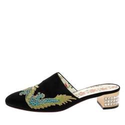 Pre Owned Gucci Black Embroidered Satin Crystal Embellished Heel Mules Size 37