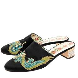 Pre Owned Gucci Black Embroidered Satin Crystal Embellished Heel Mules Size 37