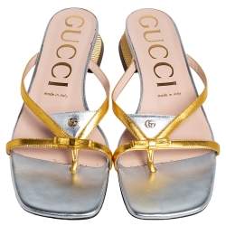مملوكة مسبقًا Gucci Metallic Gold/Silver Leather Alison Bow Sandals Size 39.5