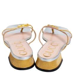 مملوكة مسبقًا Gucci Metallic Gold/Silver Leather Alison Bow Sandals Size 39.5