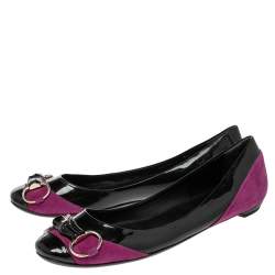 Gucci Black/Purple Patent Leather and Suede Bamboo Horsebit Ballet Flats Size 38