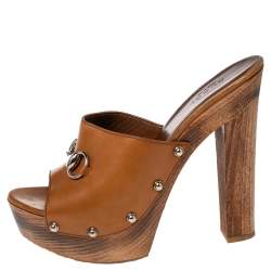 Pre Owned Gucci Brown Leather Horsebit Peep Toe Clogs Sandals Size 38.5
