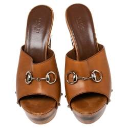 Pre Owned Gucci Brown Leather Horsebit Peep Toe Clogs Sandals Size 38.5