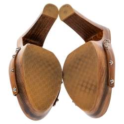 Pre Owned Gucci Brown Leather Horsebit Peep Toe Clogs Sandals Size 38.5