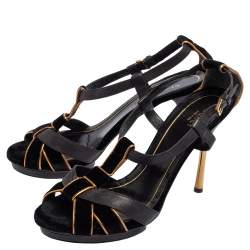 مملوكة مسبقًا Gucci Black Velvet and Leather Malika Strappy Sandals Size 40