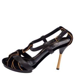 Pre Owned Gucci Black Velvet and Leather Malika Strappy Sandals Size 39.5