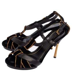 Pre Owned Gucci Black Velvet and Leather Malika Strappy Sandals Size 39.5
