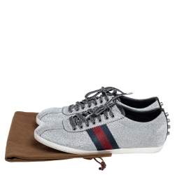 Pre Owned Gucci Silver Glitter Leather Bambi Web Sneakers Size 39.5