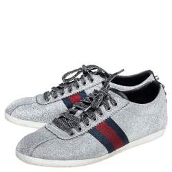 Pre Owned Gucci Silver Glitter Leather Bambi Web Sneakers Size 39.5