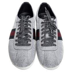 Pre Owned Gucci Silver Glitter Leather Bambi Web Sneakers Size 39.5