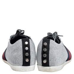 Pre Owned Gucci Silver Glitter Leather Bambi Web Sneakers Size 39.5