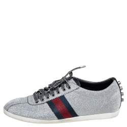 Pre Owned Gucci Silver Glitter Leather Bambi Web Sneakers Size 39.5
