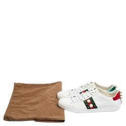 Gucci White Leather New Ace Web Faux Pearl Embellished Low Top Sneakers Size 39
