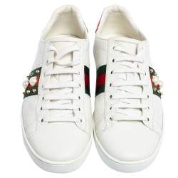 Gucci White Leather New Ace Web Faux Pearl Embellished Low Top Sneakers Size 39