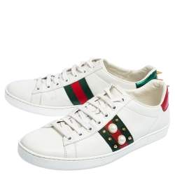Gucci White Leather New Ace Web Faux Pearl Embellished Low Top Sneakers Size 39
