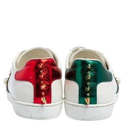 Gucci White Leather New Ace Web Faux Pearl Embellished Low Top Sneakers Size 39