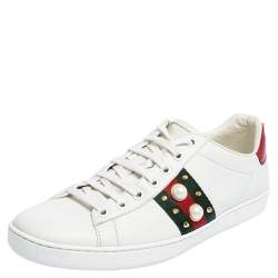 Gucci White Leather New Ace Web Faux Pearl Embellished Low Top Sneakers Size 39